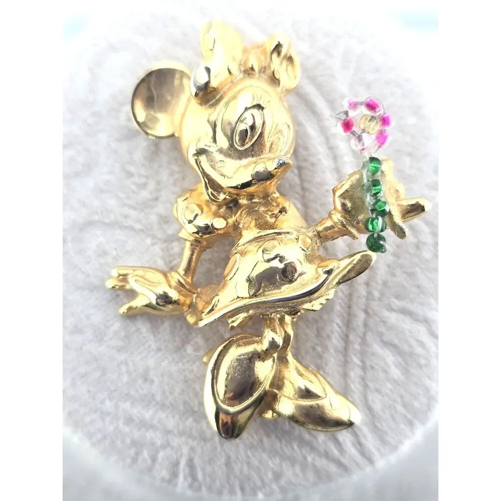 Vintage Disney Minnie Mouse Brooch Pin Flower Power Gold Plate Y2K 80's 90's